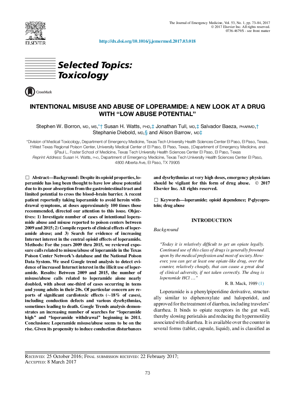 Intentional Misuse and Abuse of Loperamide: A New Look at a Drug with “Low Abuse Potential”