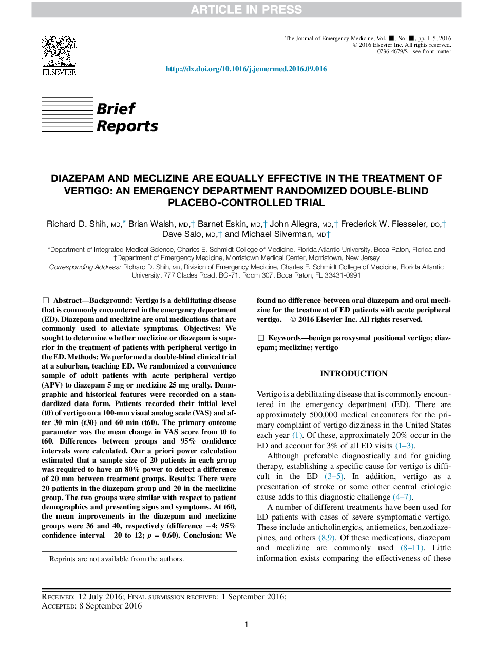 دیازپام و مکلیزین در درمان سرگیجه موثر هستند: یک آزمایشگاه کنترل شده در دو گروه بیمارستان امداد و نابارور 