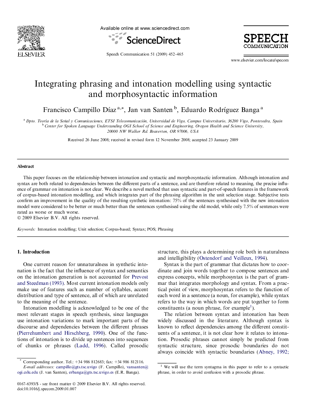 Integrating phrasing and intonation modelling using syntactic and morphosyntactic information