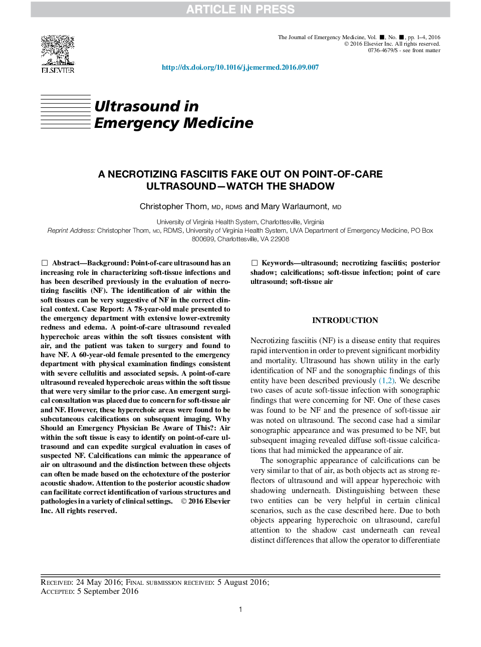 A Necrotizing Fasciitis Fake Out on Point-of-Care Ultrasound-Watch the Shadow