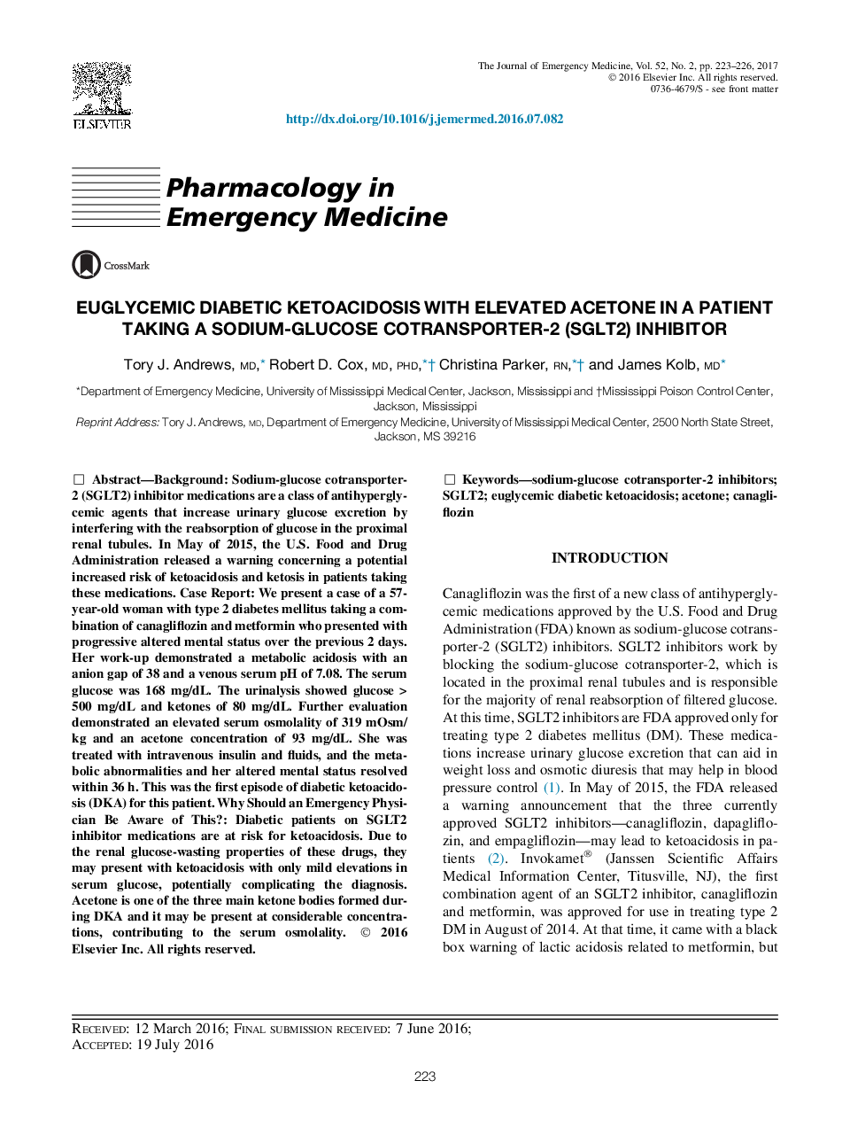 Euglycemic Diabetic Ketoacidosis with Elevated Acetone in a Patient Taking a Sodium-Glucose Cotransporter-2 (SGLT2) Inhibitor