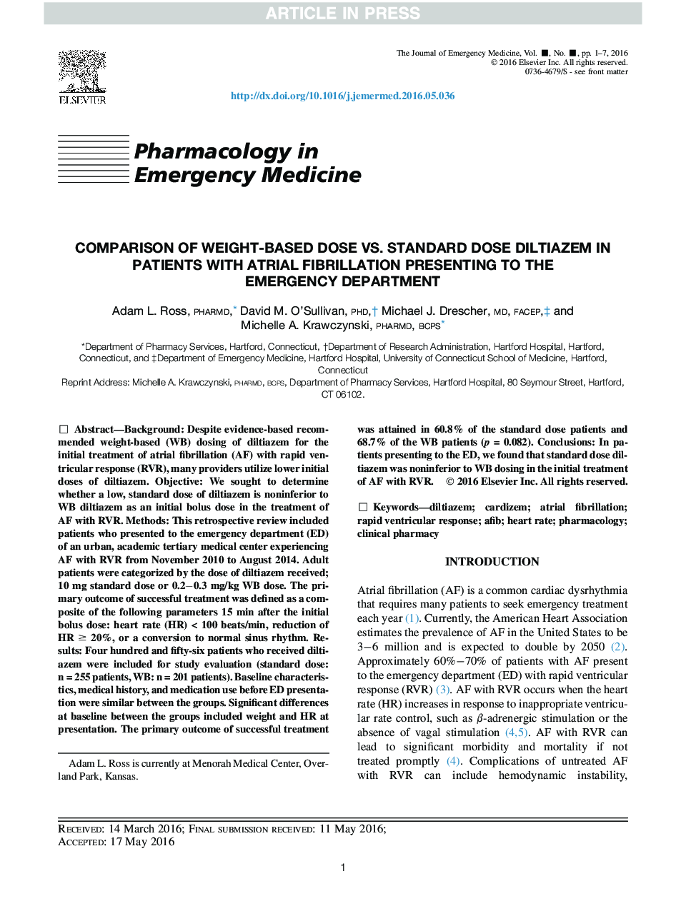 مقایسه دوز پایین وزن در مقایسه با دوز استاندارد دیستازیم در بیماران مبتلا به فیبریلاسیون دهلیزی در بخش اورژانس 