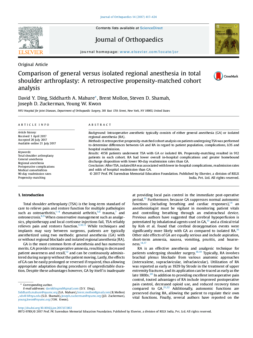 Comparison of general versus isolated regional anesthesia in total shoulder arthroplasty: A retrospective propensity-matched cohort analysis