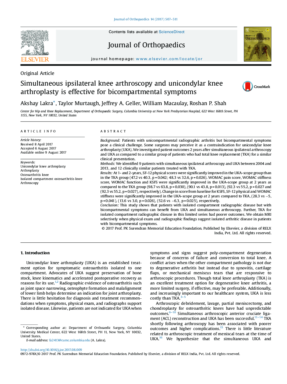 Simultaneous ipsilateral knee arthroscopy and unicondylar knee arthroplasty is effective for bicompartmental symptoms