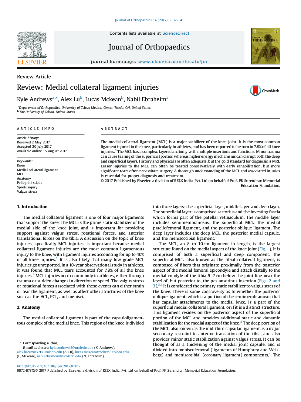 Review: Medial collateral ligament injuries