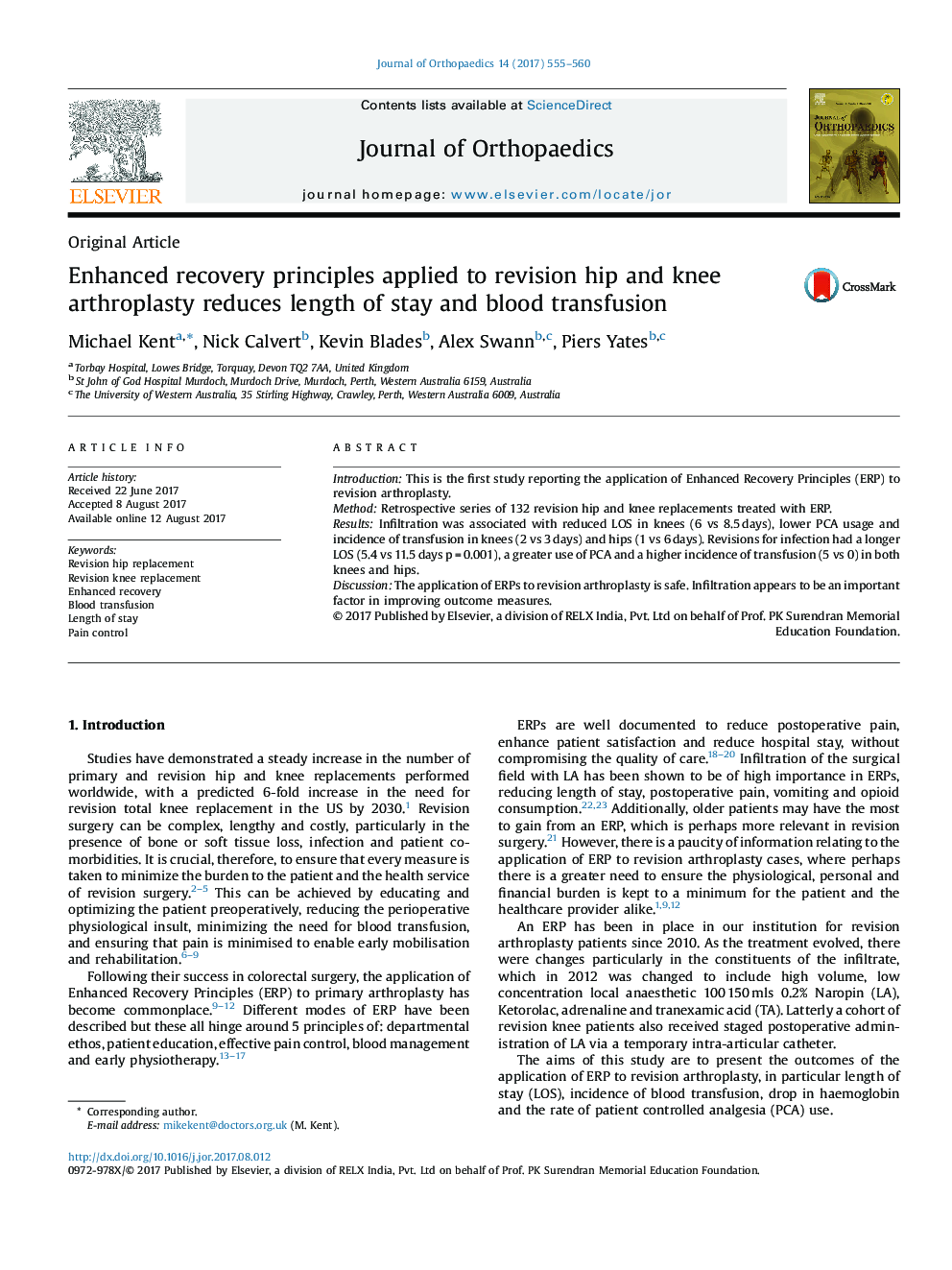 Enhanced recovery principles applied to revision hip and knee arthroplasty reduces length of stay and blood transfusion