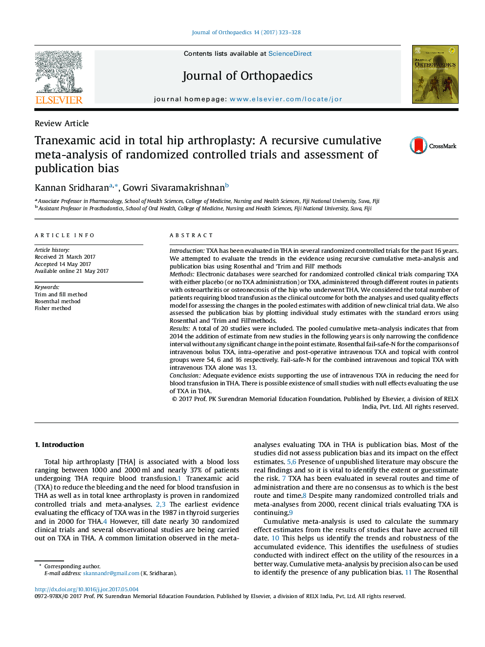 Tranexamic acid in total hip arthroplasty: A recursive cumulative meta-analysis of randomized controlled trials and assessment of publication bias