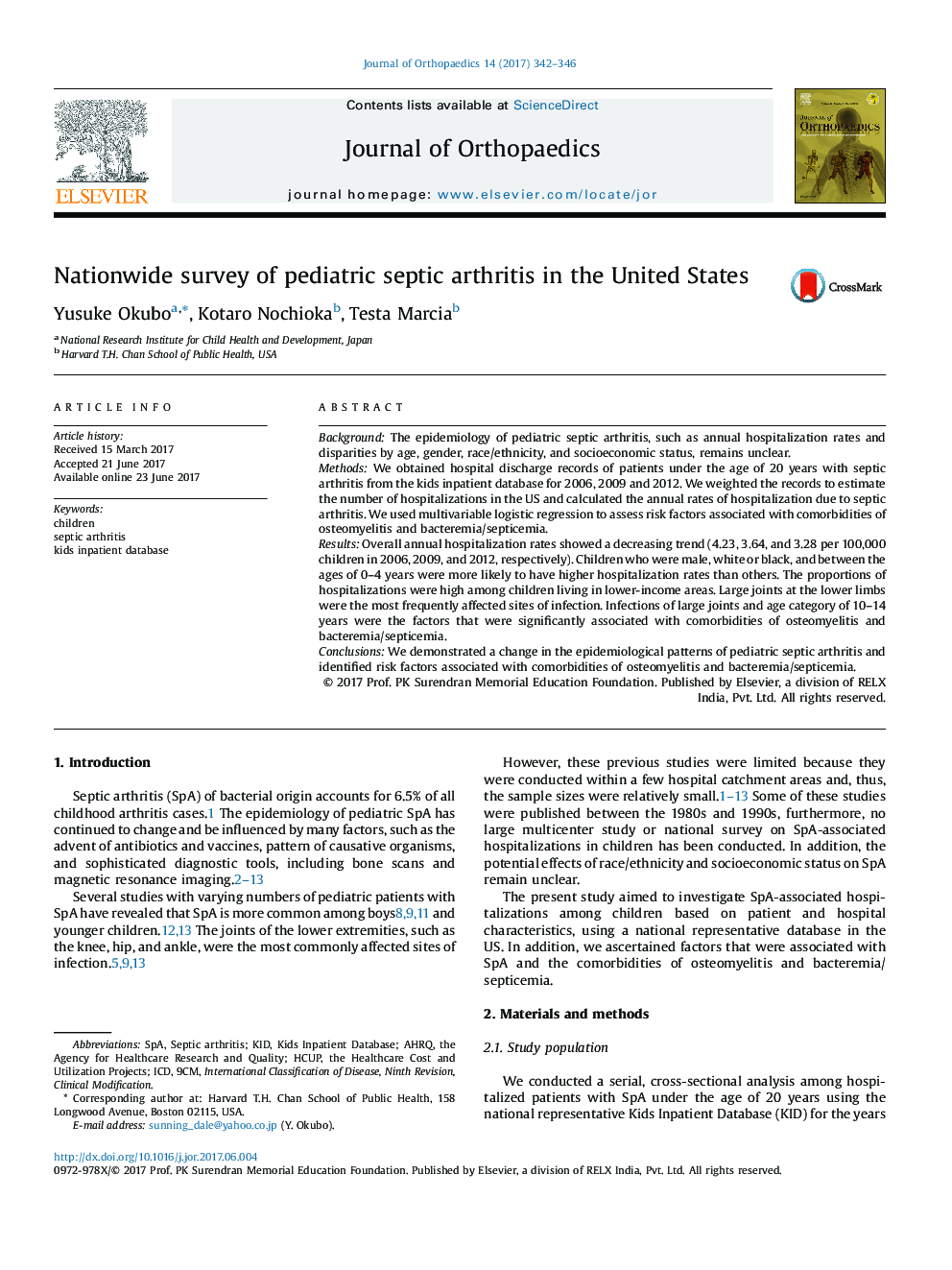 Nationwide survey of pediatric septic arthritis in the United States