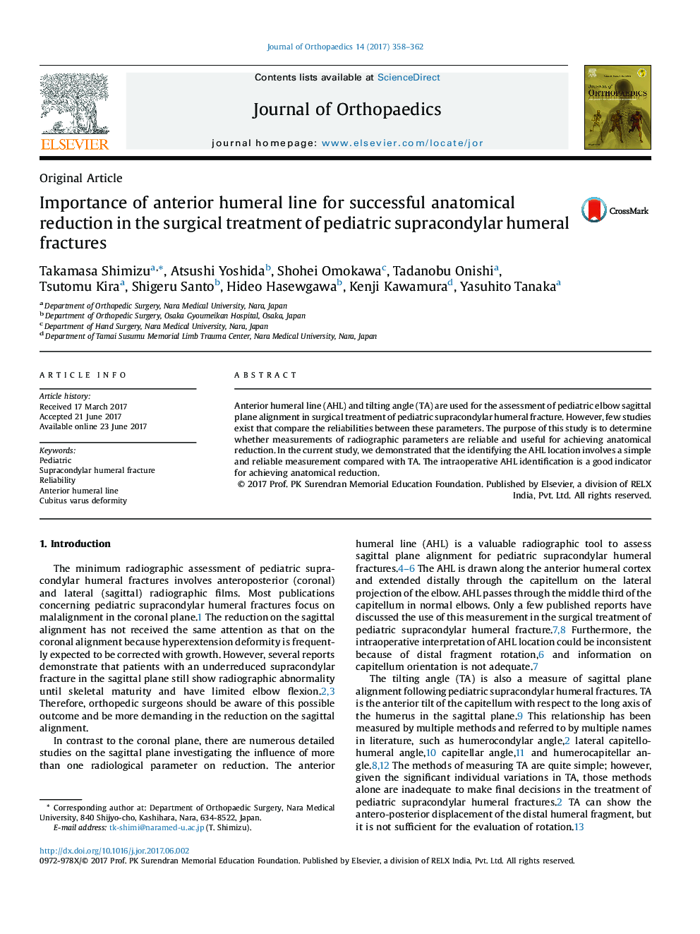 Importance of anterior humeral line for successful anatomical reduction in the surgical treatment of pediatric supracondylar humeral fractures