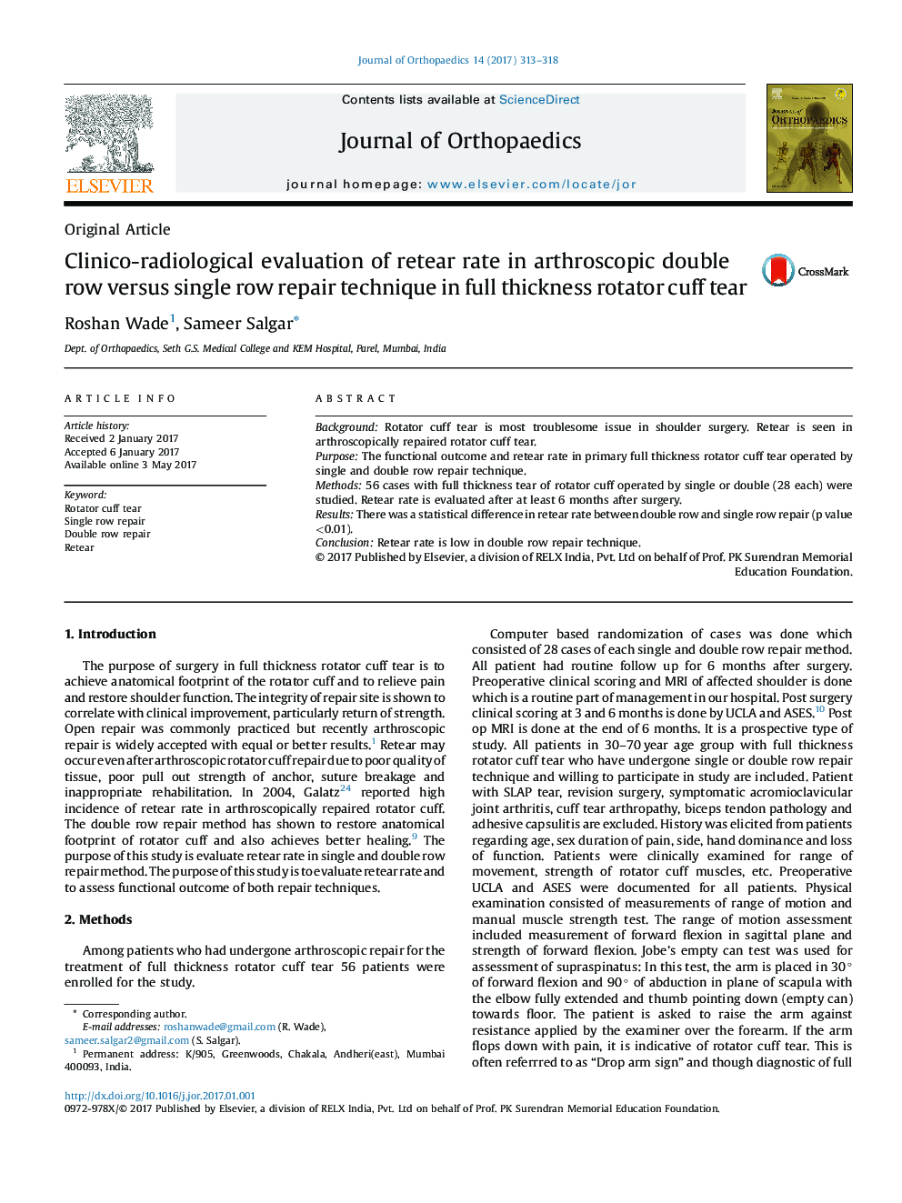 Clinico-radiological evaluation of retear rate in arthroscopic double row versus single row repair technique in full thickness rotator cuff tear