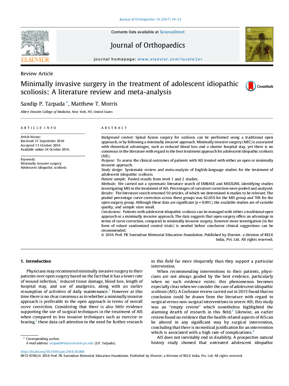 Minimally invasive surgery in the treatment of adolescent idiopathic scoliosis: A literature review and meta-analysis