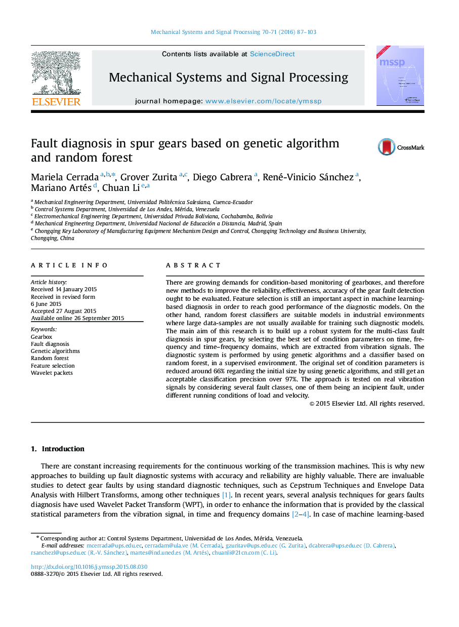 Fault diagnosis in spur gears based on genetic algorithm and random forest