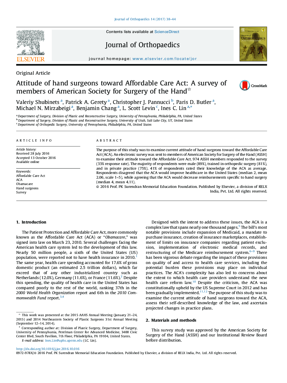 Attitude of hand surgeons toward Affordable Care Act: A survey of members of American Society for Surgery of the Hand