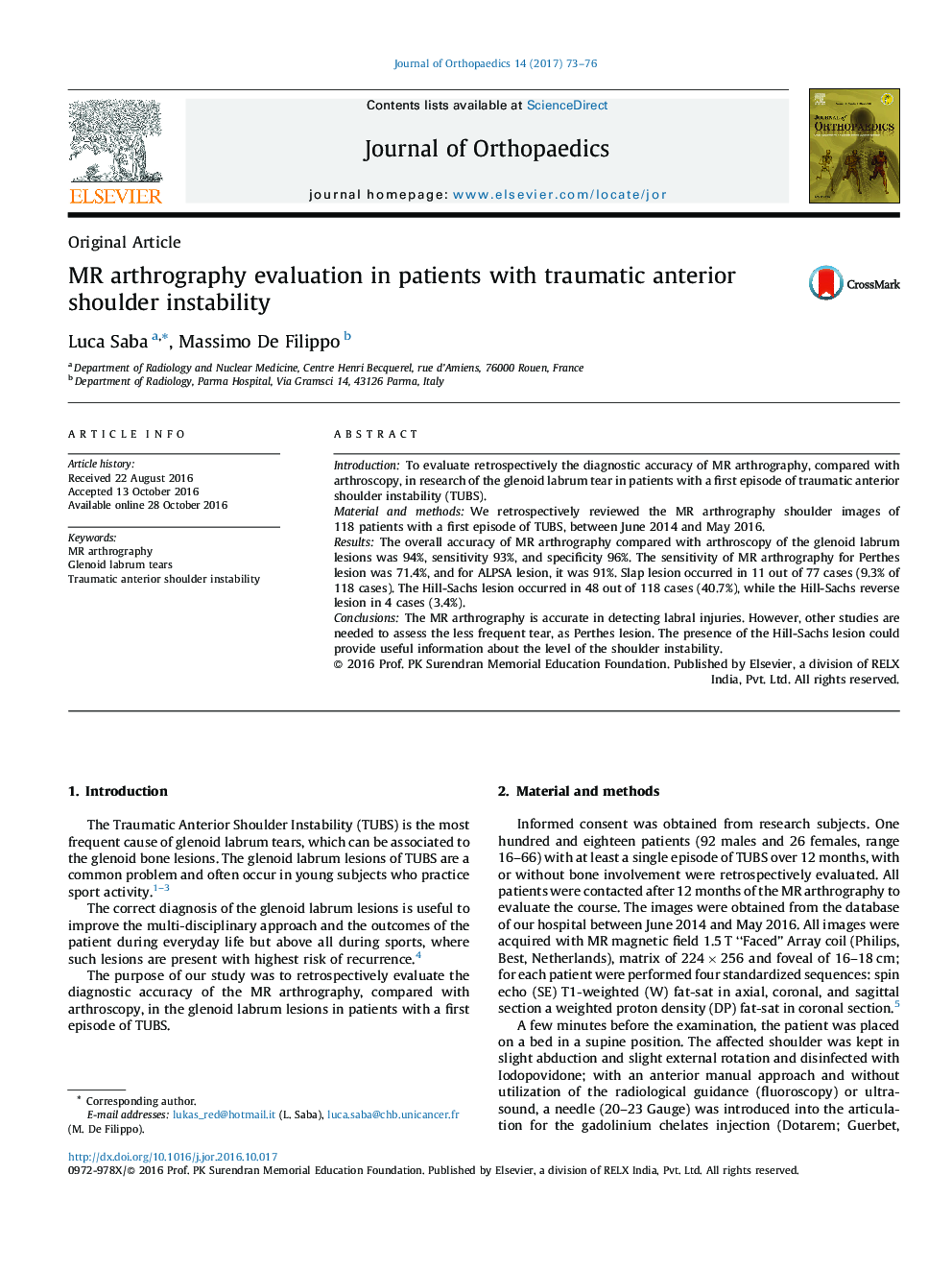 MR arthrography evaluation in patients with traumatic anterior shoulder instability