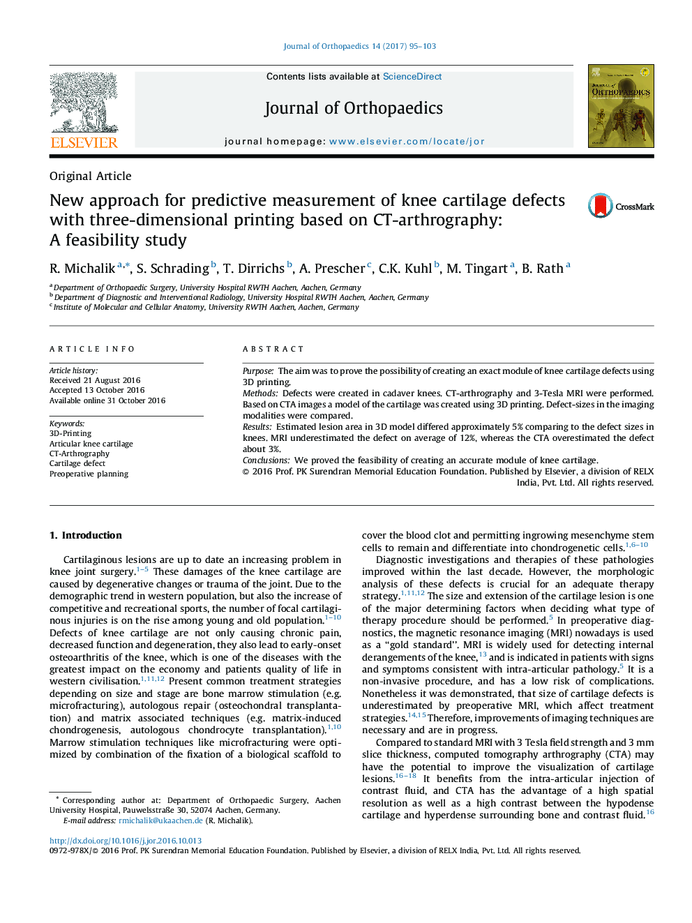 New approach for predictive measurement of knee cartilage defects with three-dimensional printing based on CT-arthrography: A feasibility study