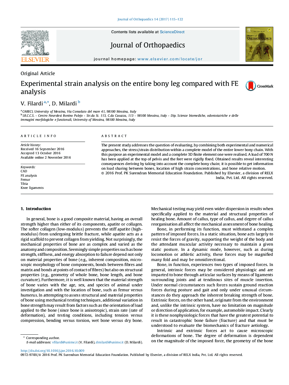 Experimental strain analysis on the entire bony leg compared with FE analysis