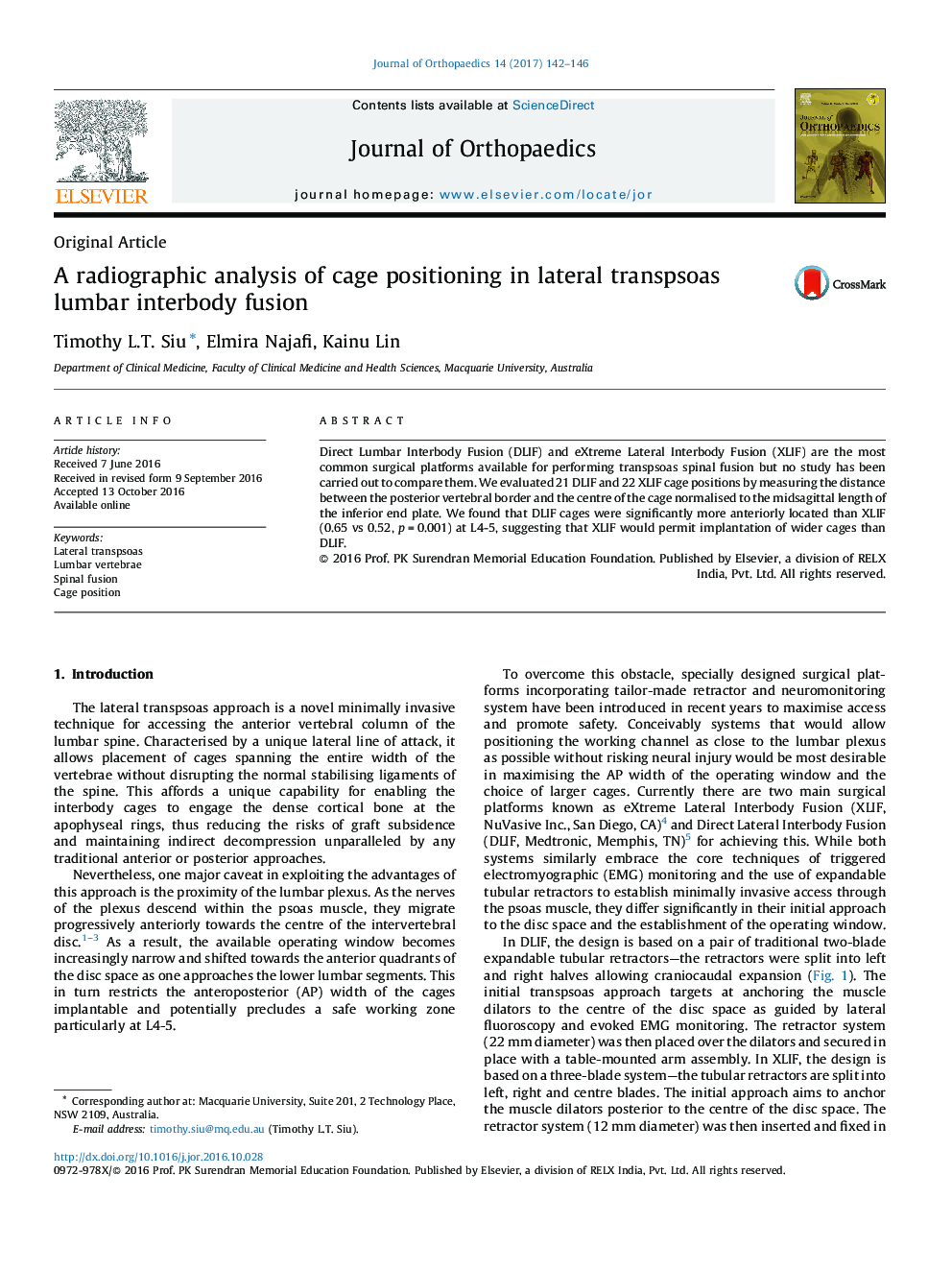 A radiographic analysis of cage positioning in lateral transpsoas lumbar interbody fusion