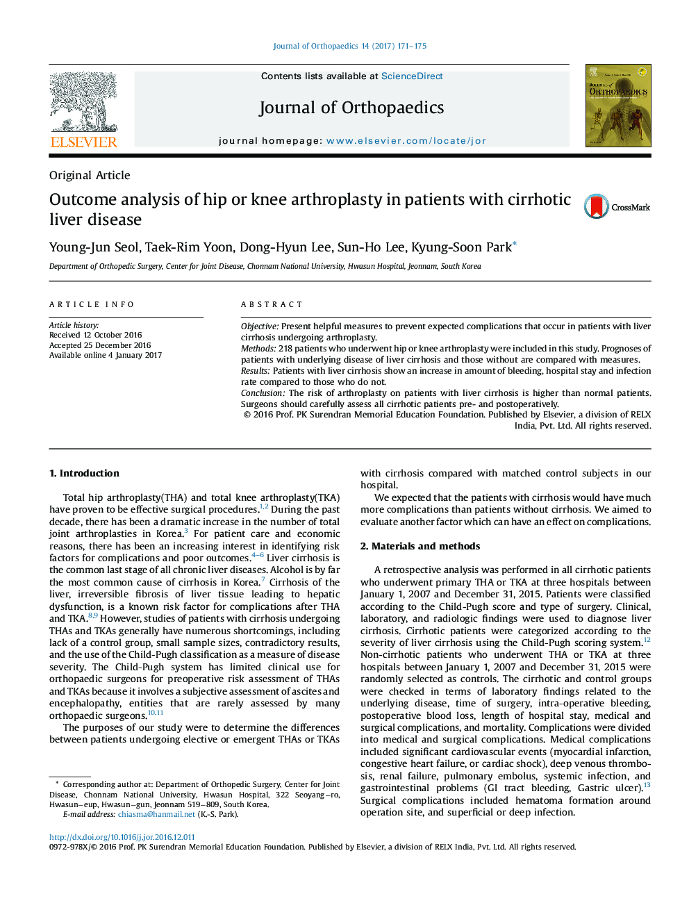 Outcome analysis of hip or knee arthroplasty in patients with cirrhotic liver disease