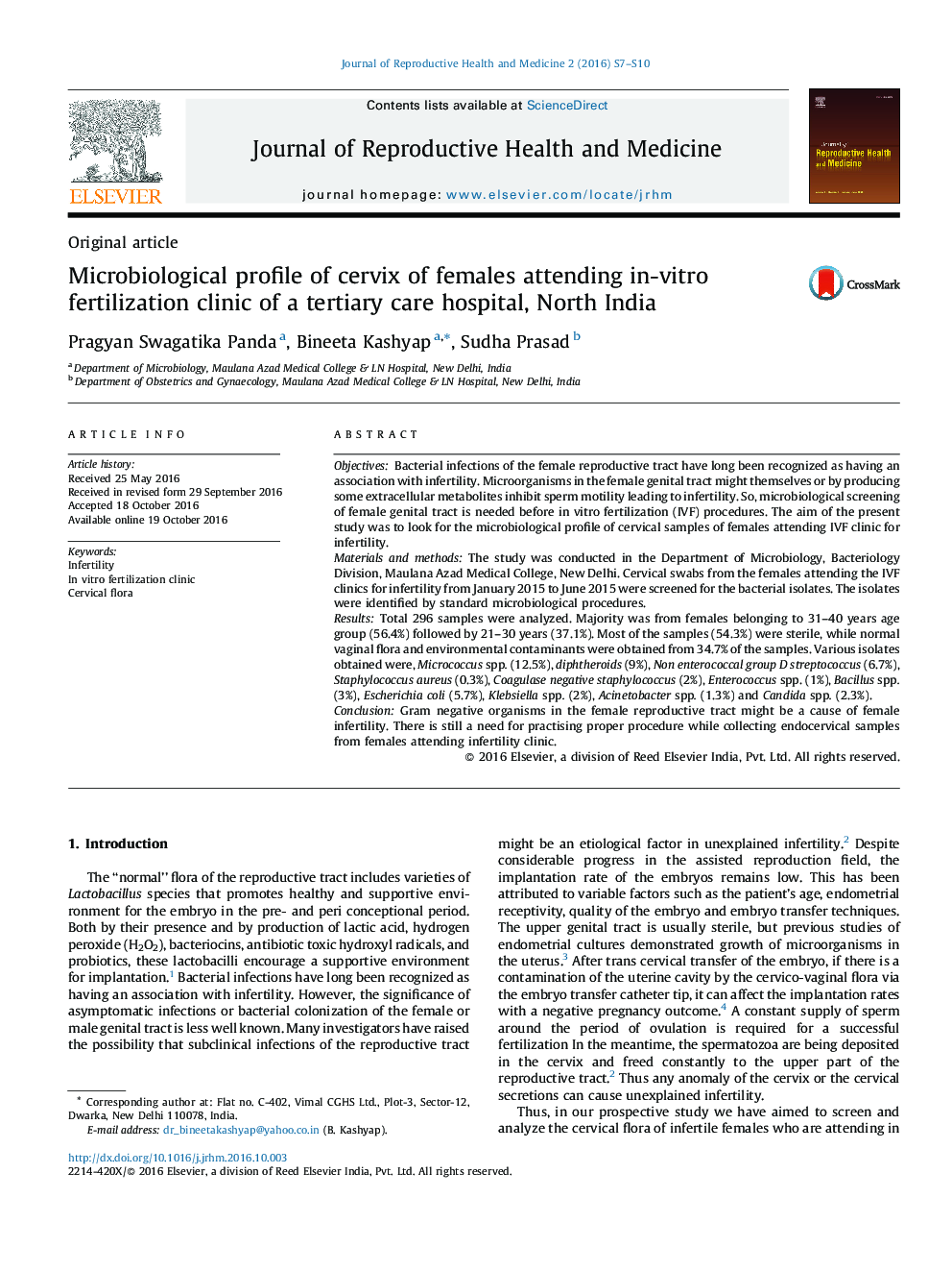 Microbiological profile of cervix of females attending in-vitro fertilization clinic of a tertiary care hospital, North India