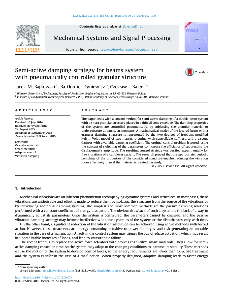 Semi-active damping strategy for beams system with pneumatically controlled granular structure