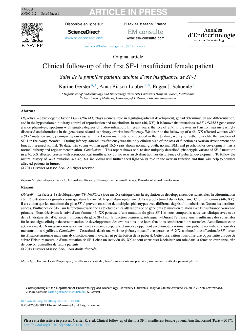 Clinical follow-up of the first SF-1 insufficient female patient