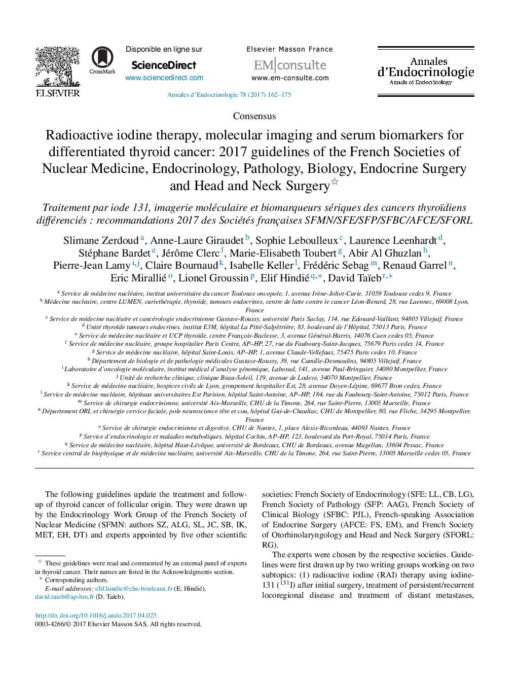 Radioactive iodine therapy, molecular imaging and serum biomarkers for differentiated thyroid cancer: 2017 guidelines of the French Societies of Nuclear Medicine, Endocrinology, Pathology, Biology, Endocrine Surgery and Head and Neck Surgery
