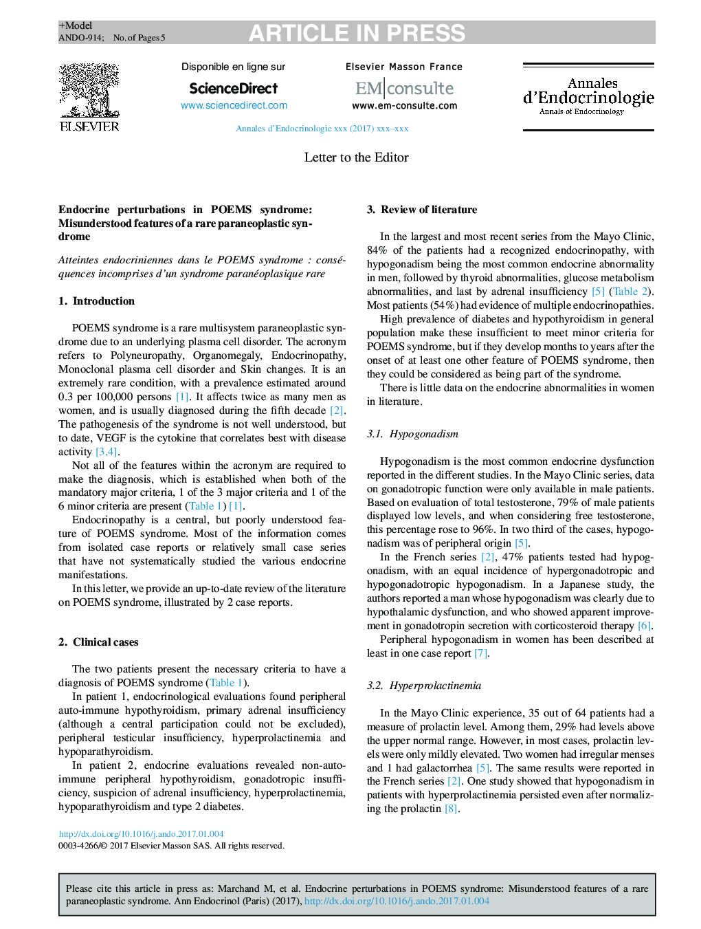 Endocrine perturbations in POEMS syndrome: Misunderstood features of a rare paraneoplastic syndrome