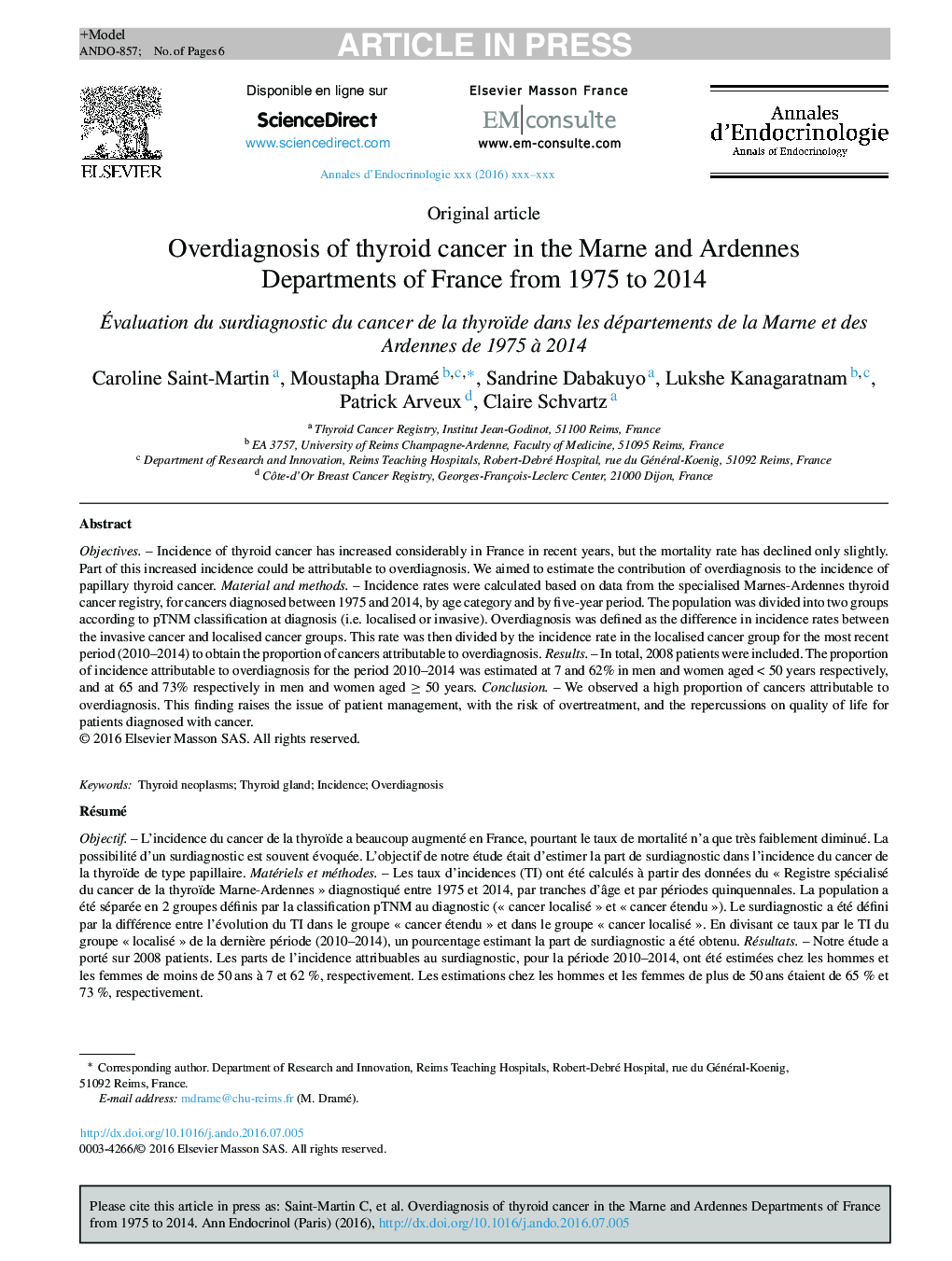 Overdiagnosis of thyroid cancer in the Marne and Ardennes Departments of France from 1975 to 2014