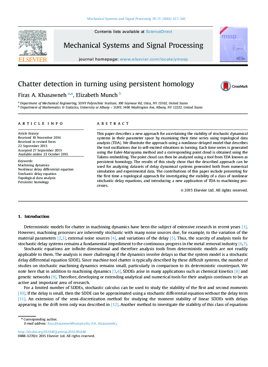 Chatter detection in turning using persistent homology