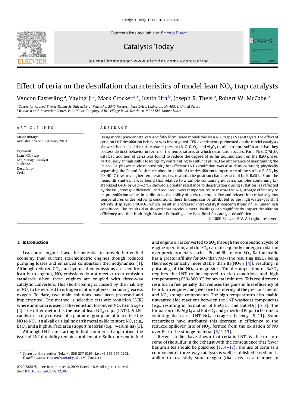 عکس صفحه اول مقاله: Effect of ceria on the desulfation characteristics of model lean NOx trap catalysts Effect of ceria on the desulfation characteristics of model lean NOx trap catalysts