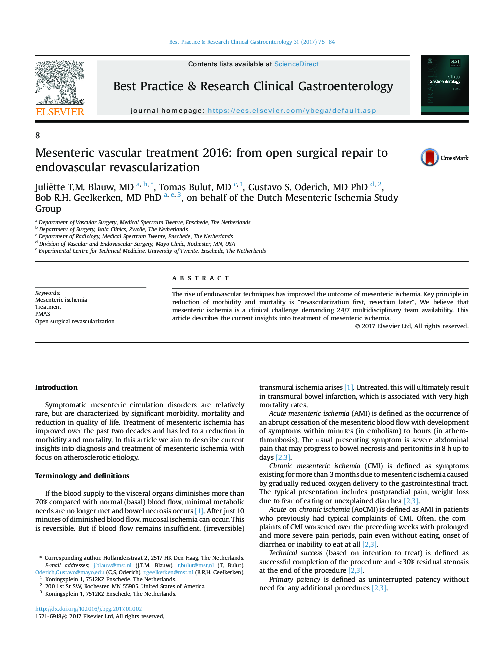 Mesenteric vascular treatment 2016: from open surgical repair to endovascular revascularization