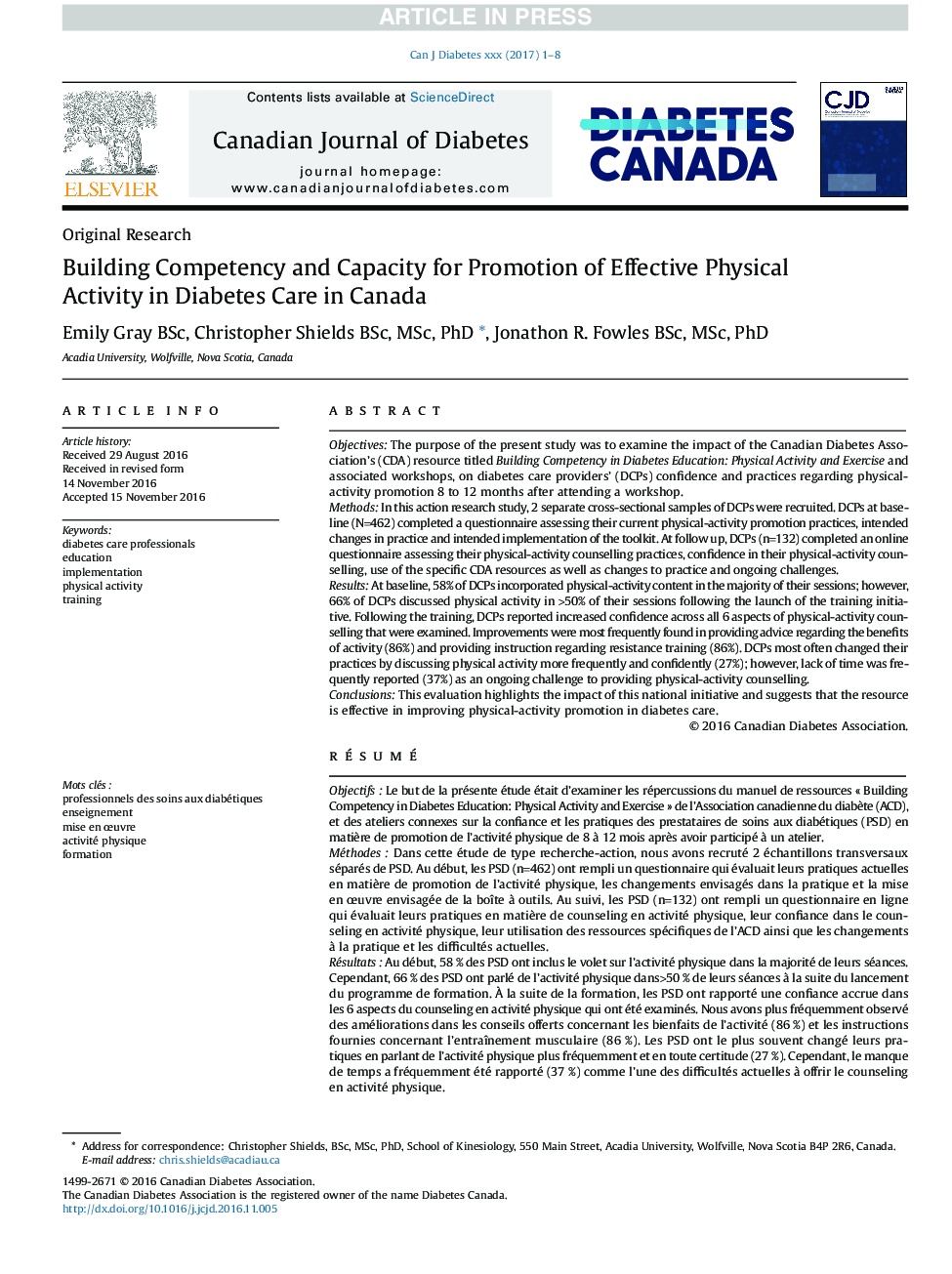 صلاحیت و ظرفیت سازی برای ارتقای فعالیت فیزیکی مؤثر در مراقبت از دیابت در کانادا 