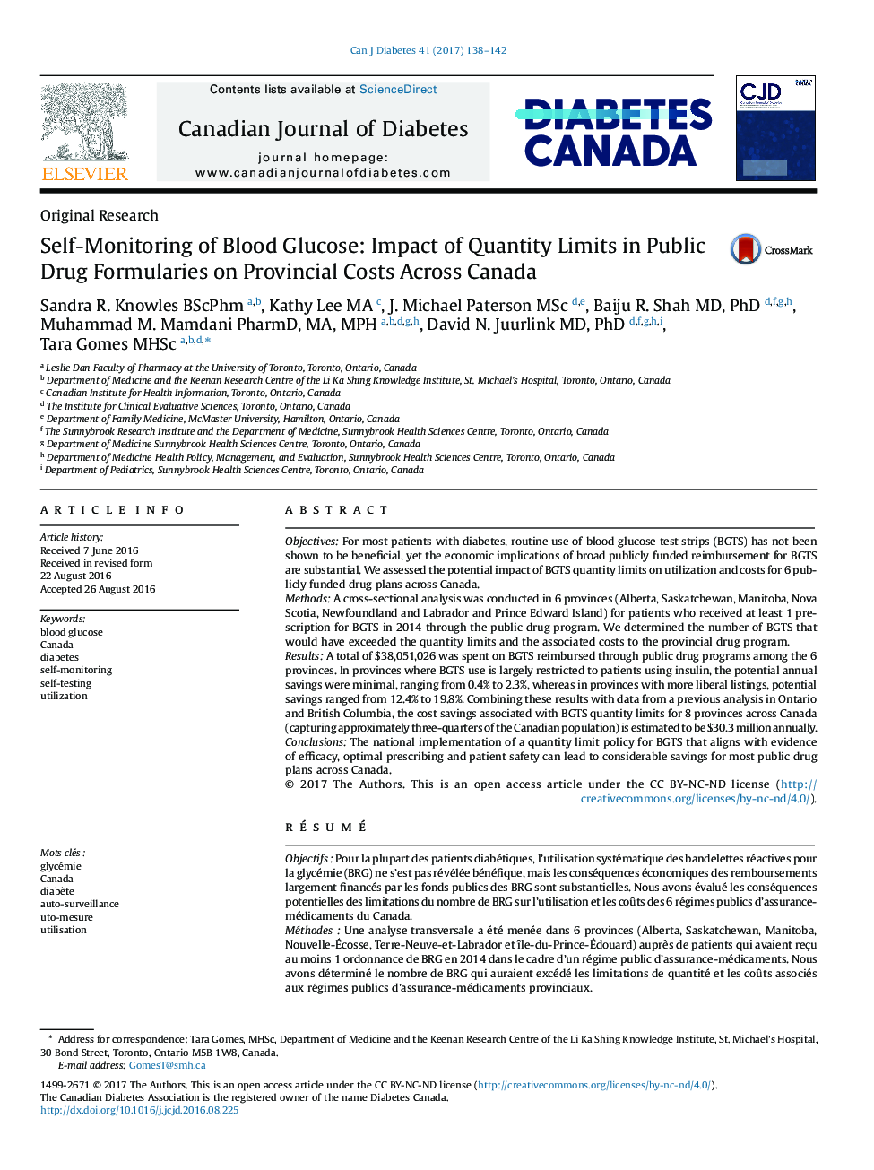 خودمراقبتی از گلوکز خون: تاثیر محدودیتهای موجود در فرمول های عمومی دارو بر هزینه های استان در سراسر کانادا 
