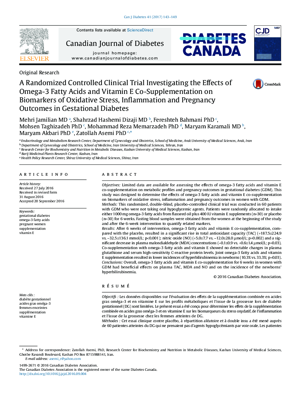 A Randomized Controlled Clinical Trial Investigating the Effects of Omega-3 Fatty Acids and Vitamin E Co-Supplementation on Biomarkers of Oxidative Stress, Inflammation and Pregnancy Outcomes in Gestational Diabetes