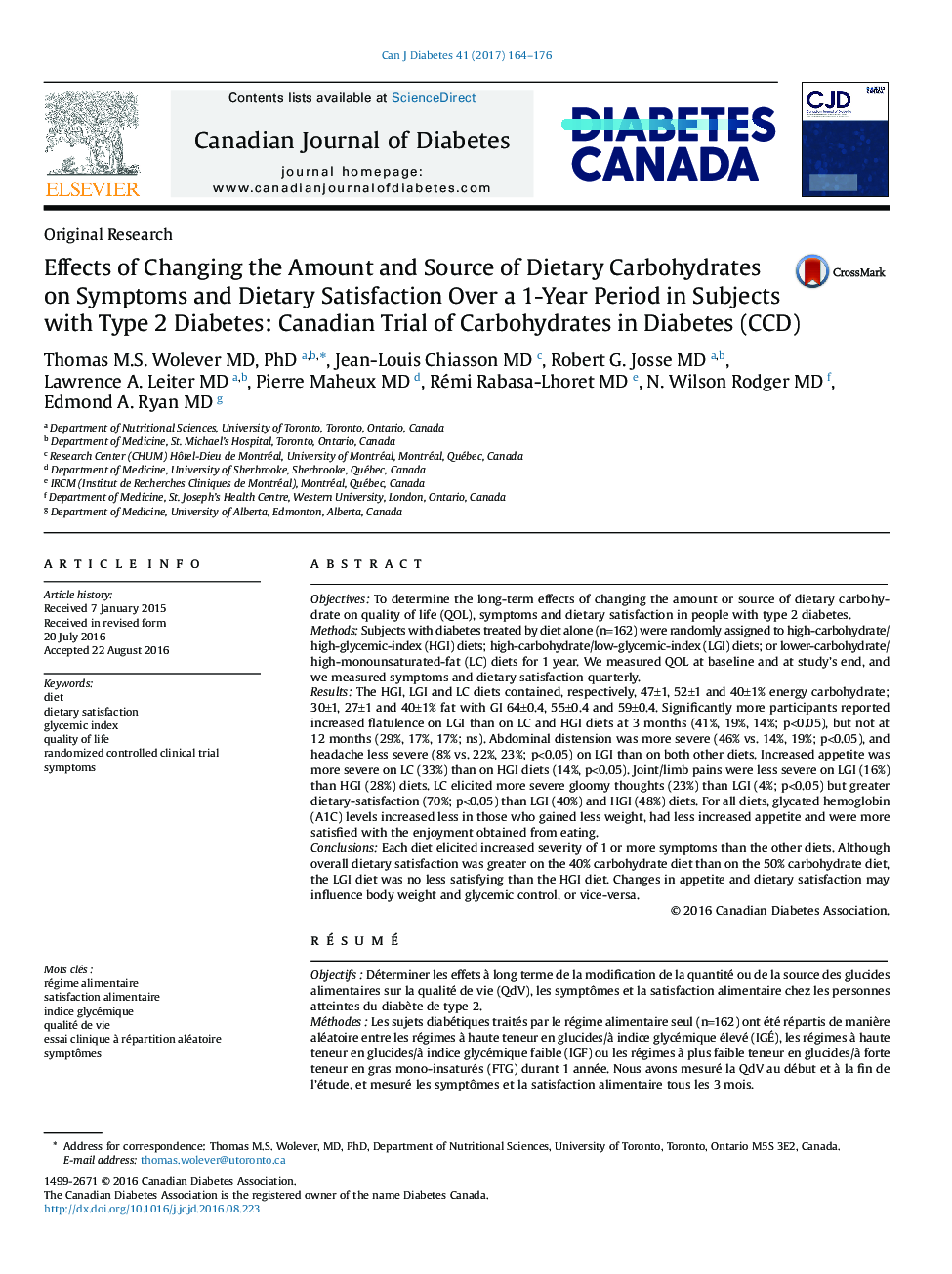 Effects of Changing the Amount and Source of Dietary Carbohydrates on Symptoms and Dietary Satisfaction Over a 1-Year Period in Subjects with Type 2 Diabetes: Canadian Trial of Carbohydrates in Diabetes (CCD)