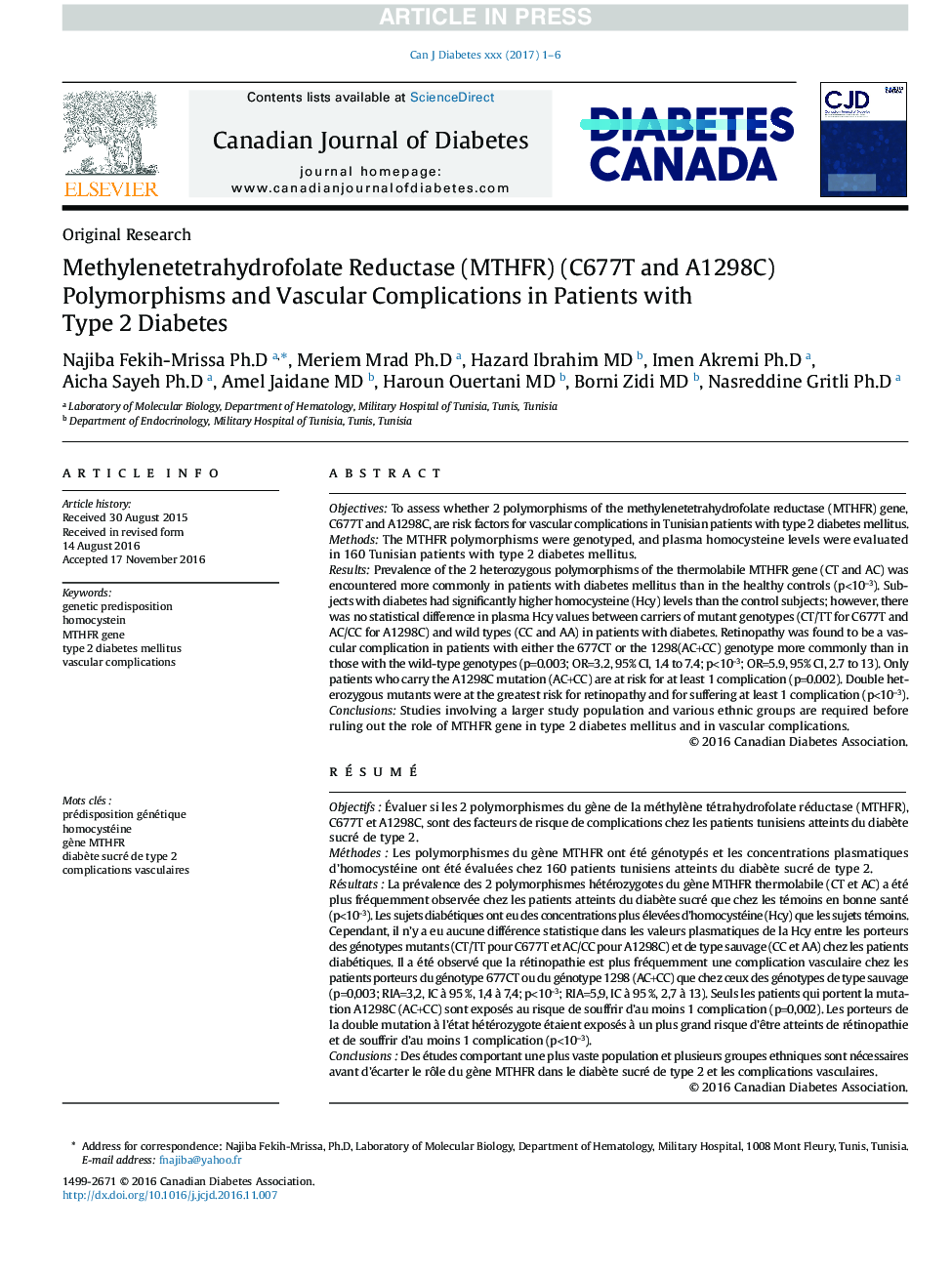 Methylenetetrahydrofolate Reductase (MTHFR) (C677T and A1298C) Polymorphisms and Vascular Complications in Patients with Type 2 Diabetes