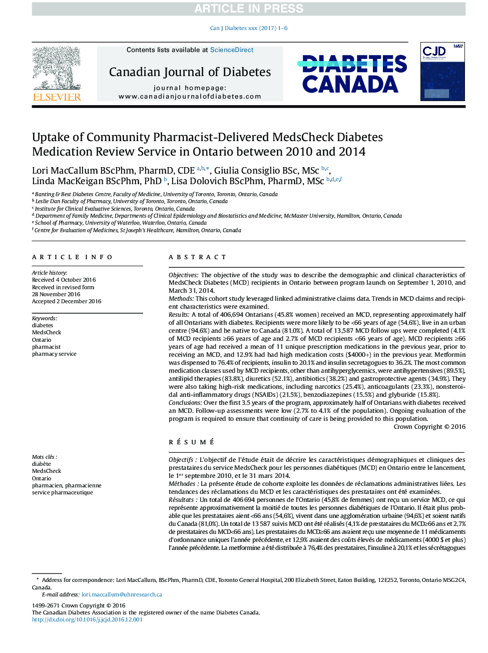 Uptake of Community Pharmacist-Delivered MedsCheck Diabetes Medication Review Service in Ontario between 2010 and 2014