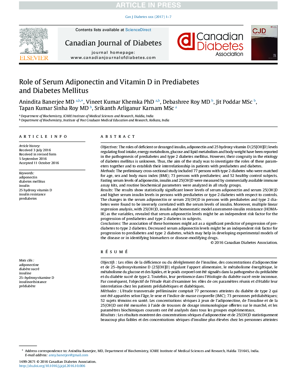 Role of Serum Adiponectin and Vitamin D in Prediabetes and Diabetes Mellitus