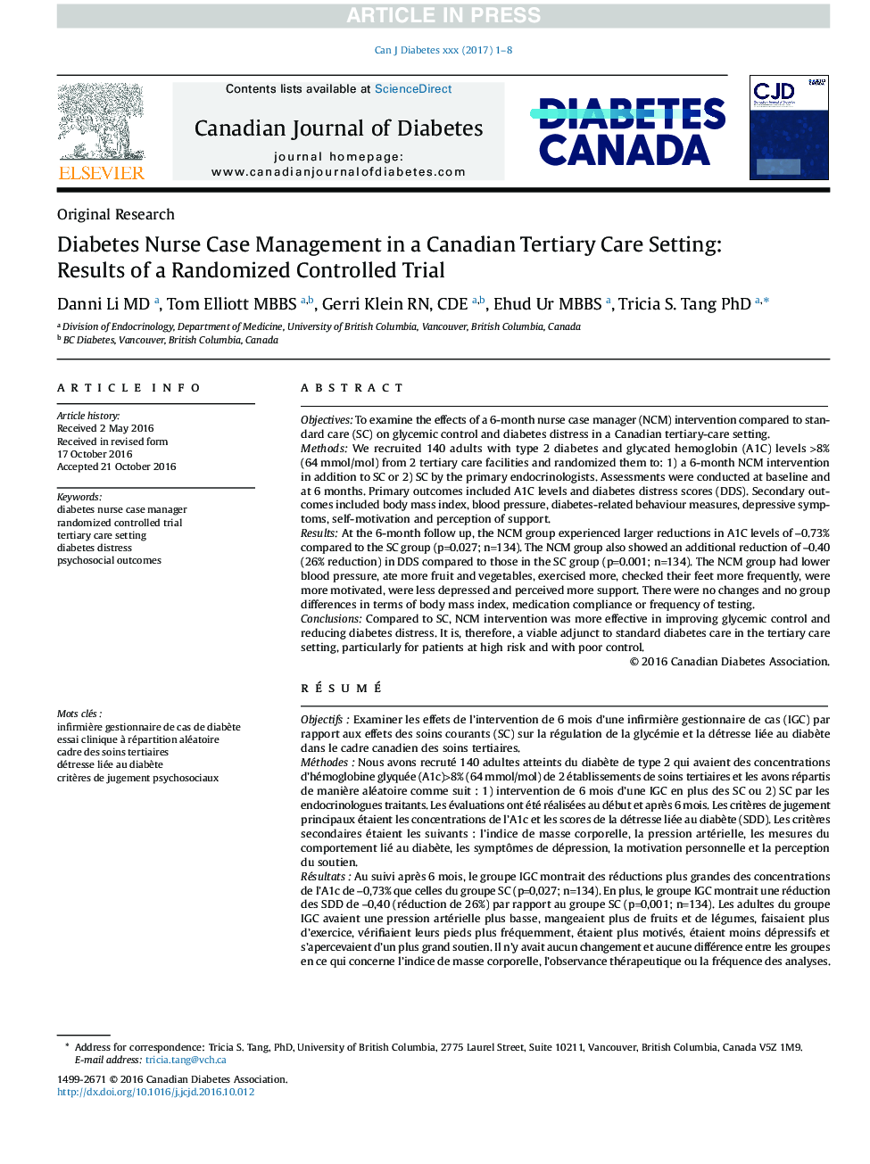 Diabetes Nurse Case Management in a Canadian Tertiary Care Setting: Results of a Randomized Controlled Trial