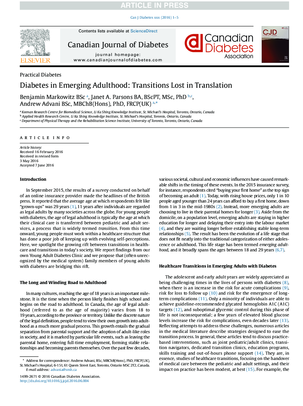 Diabetes in Emerging Adulthood: Transitions Lost in Translation