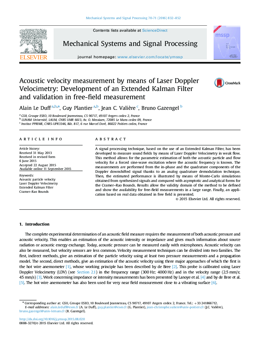 Acoustic velocity measurement by means of Laser Doppler Velocimetry: Development of an Extended Kalman Filter and validation in free-field measurement