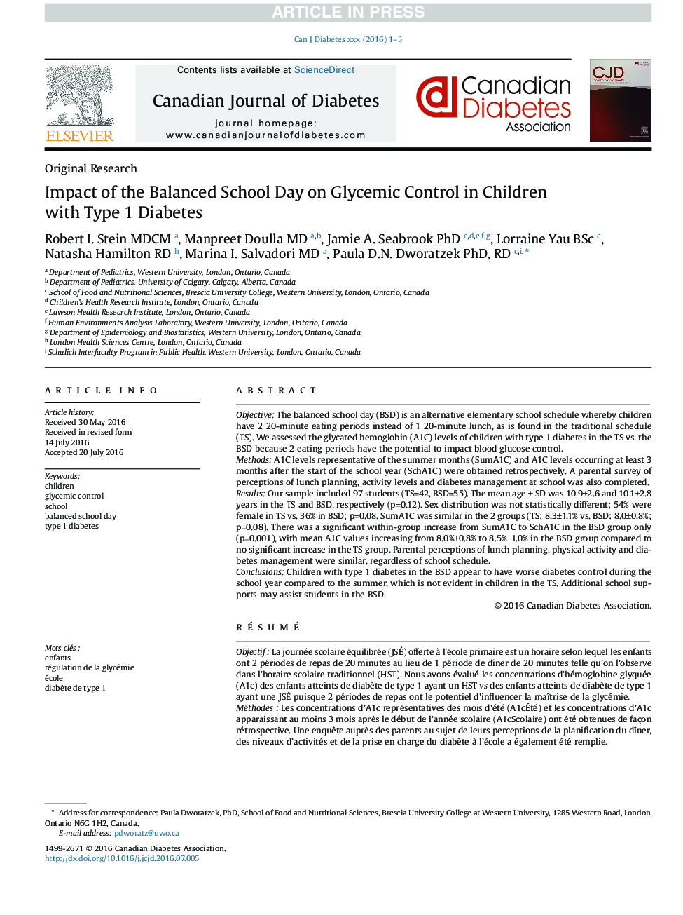 Impact of the Balanced School Day on Glycemic Control in Children with Type 1 Diabetes