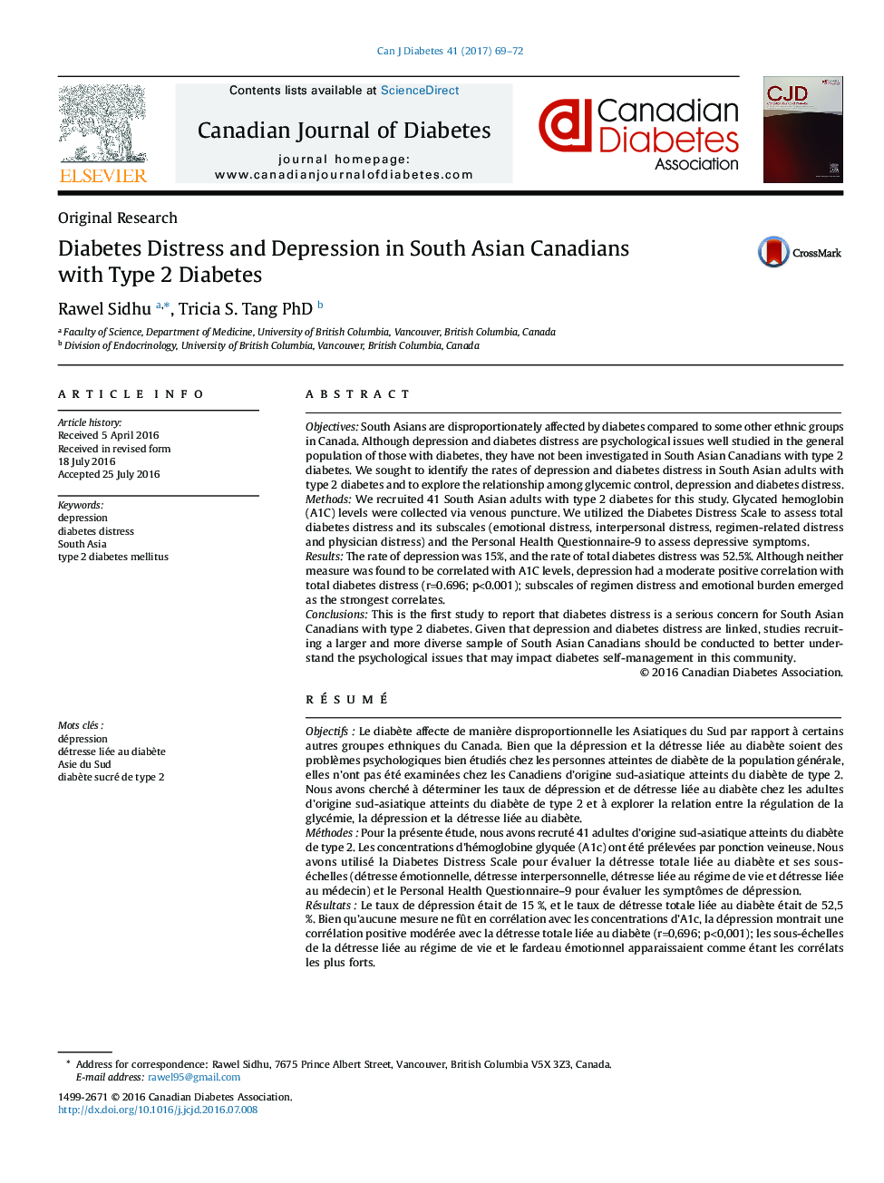 Diabetes Distress and Depression in South Asian Canadians with Type 2 Diabetes