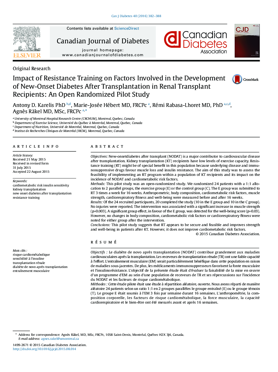 Impact of Resistance Training on Factors Involved in the Development of New-Onset Diabetes After Transplantation in Renal Transplant Recipients: An Open Randomized Pilot Study