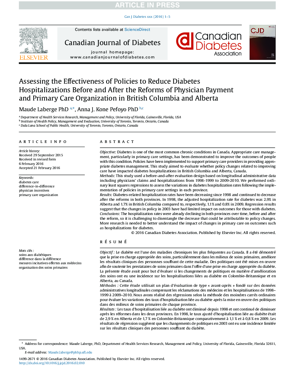 ارزیابی اثربخشی سیاست های کاهش بیمارستان های دیابت قبل و بعد از اصلاحات پرداخت و انجام مراقبت های اولیه توسط پزشکان در بریتیش کلمبیا و آلبرتا 