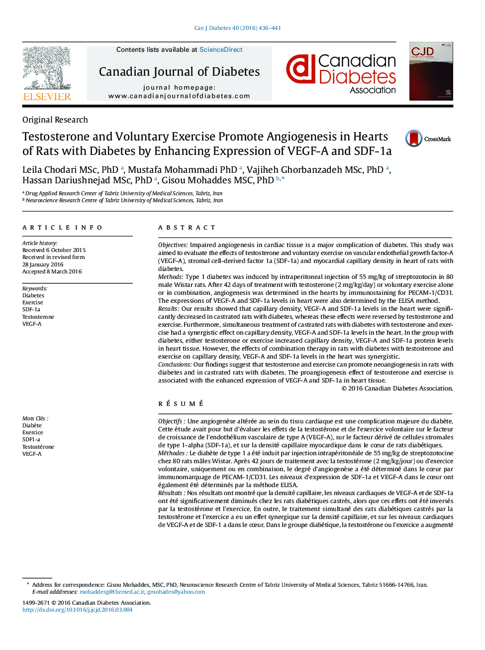 Testosterone and Voluntary Exercise Promote Angiogenesis in Hearts of Rats with Diabetes by Enhancing Expression of VEGF-A and SDF-1a