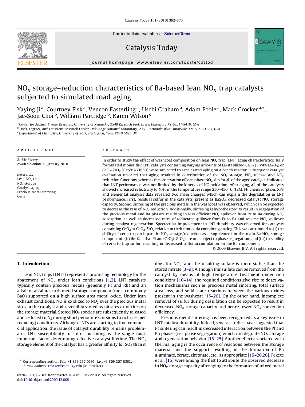 NOx storage–reduction characteristics of Ba-based lean NOx trap catalysts subjected to simulated road aging