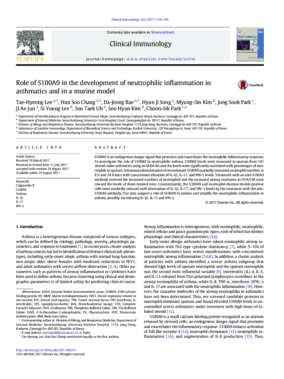 Role of S100A9 in the development of neutrophilic inflammation in asthmatics and in a murine model