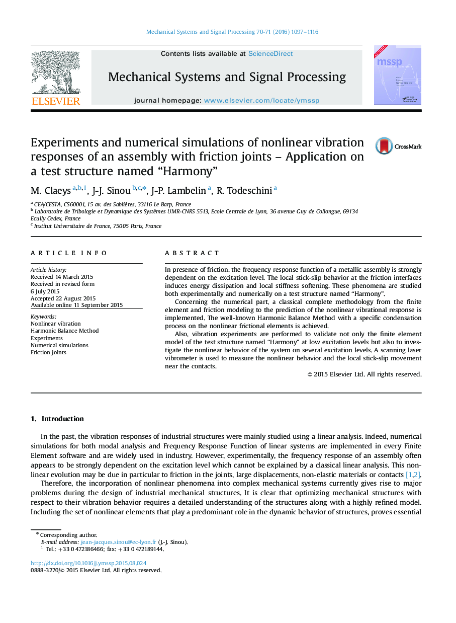 Experiments and numerical simulations of nonlinear vibration responses of an assembly with friction joints – Application on a test structure named “Harmony”