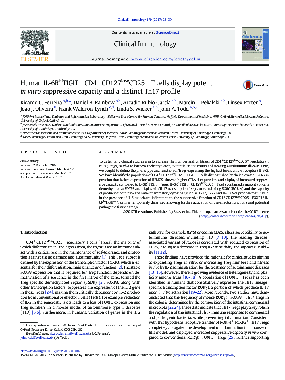 Human IL-6RhiTIGITâ CD4+ CD127lowCD25+ T cells display potent in vitro suppressive capacity and a distinct Th17 profile
